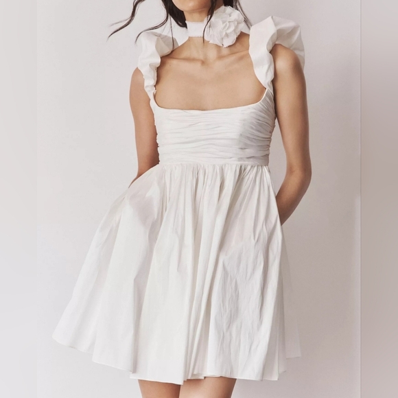 Watters Pavlova Ivory Square-Neck Puff-Sleeve Empire-Waist Taffeta Mini Dress, 8 - Picture 1 of 17